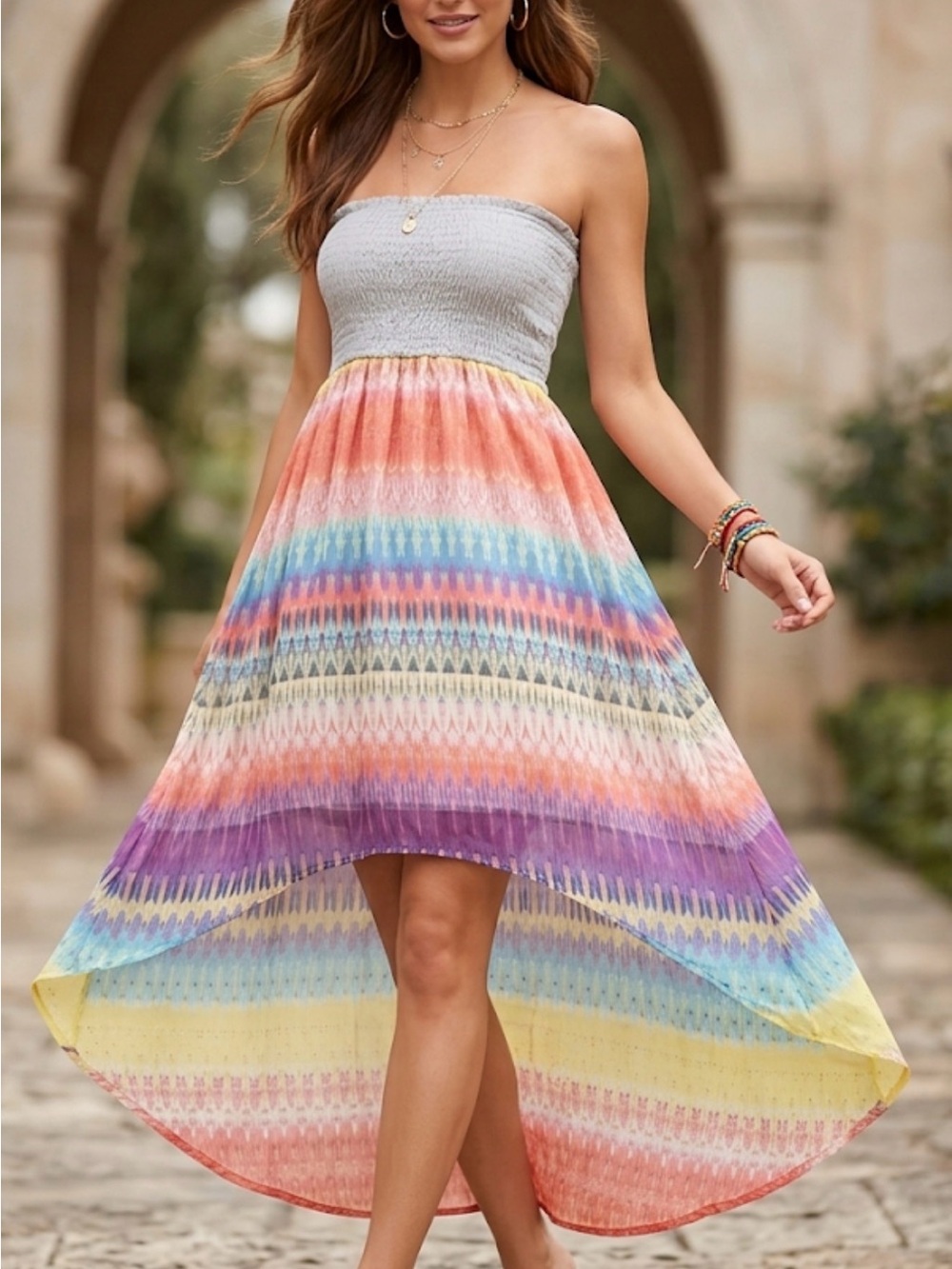 Maurices Strapless Rainbow Stripe High-Low Dress